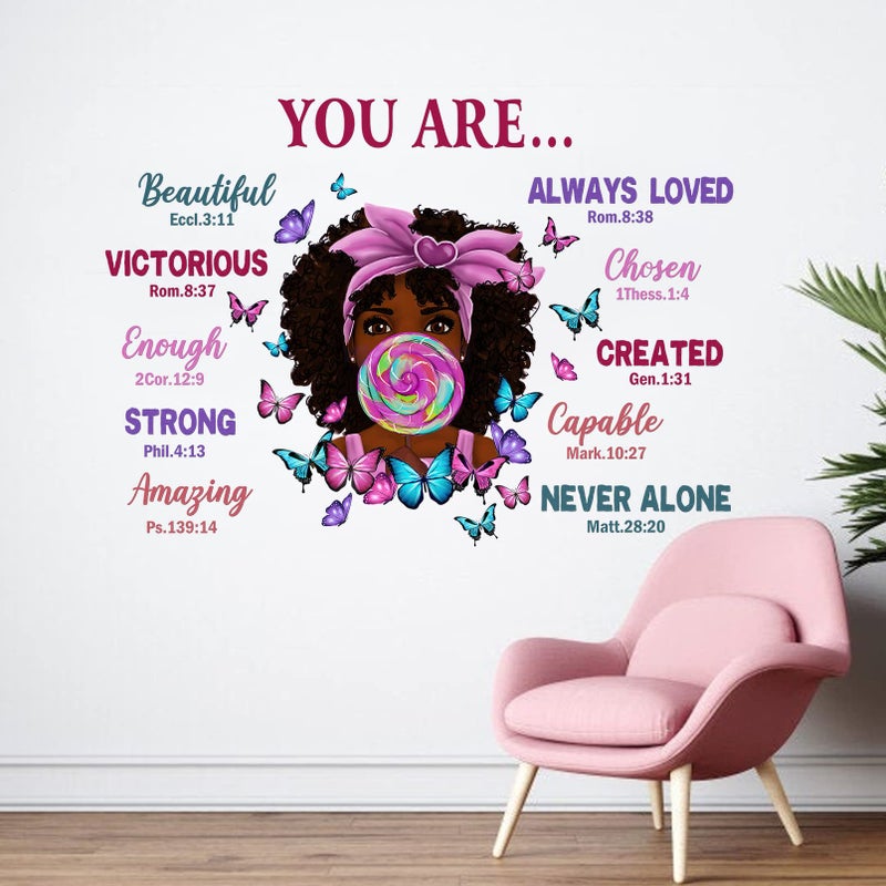 Mfault Black Girl Magic You are Beautiful Inspirational Wall Decals Stickers, Religious Quote Lollipop Butterfly Nursery Decoration African American Bedroom Art, Positive Afro Kid Teen Room Home Decor - Image 4